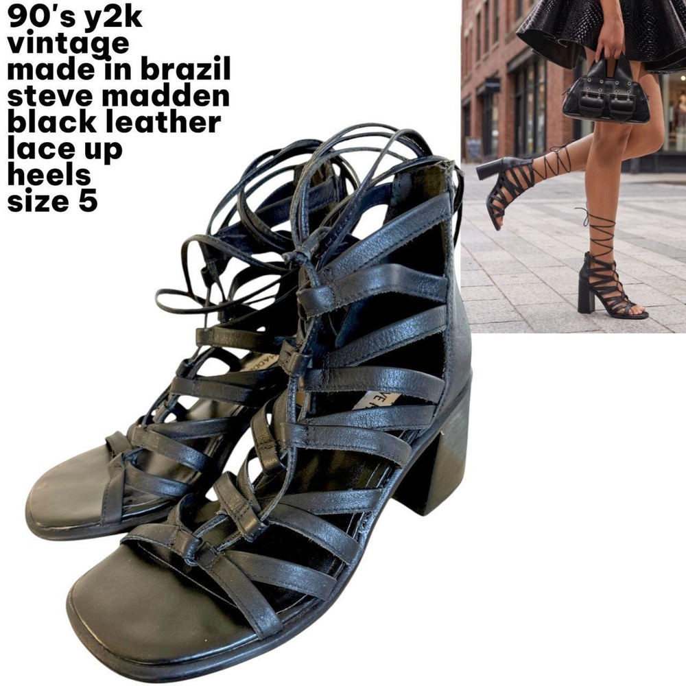 90s Y2K Vintage Steve Madden Black Leather Lace Up Heels sz/ 5